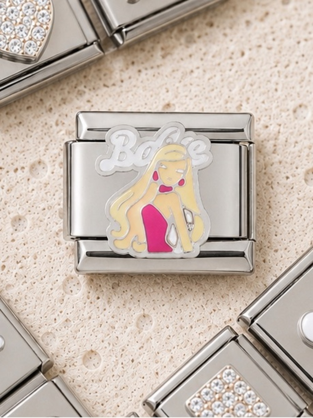 Fashion Doll Pink Enamel Italian Charm Link Silver Tone 5 for $15